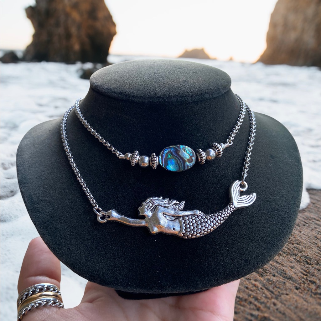 Mermaid Abalone Necklace . Double Layer Necklace With Genuine Blue Abalone Shell
